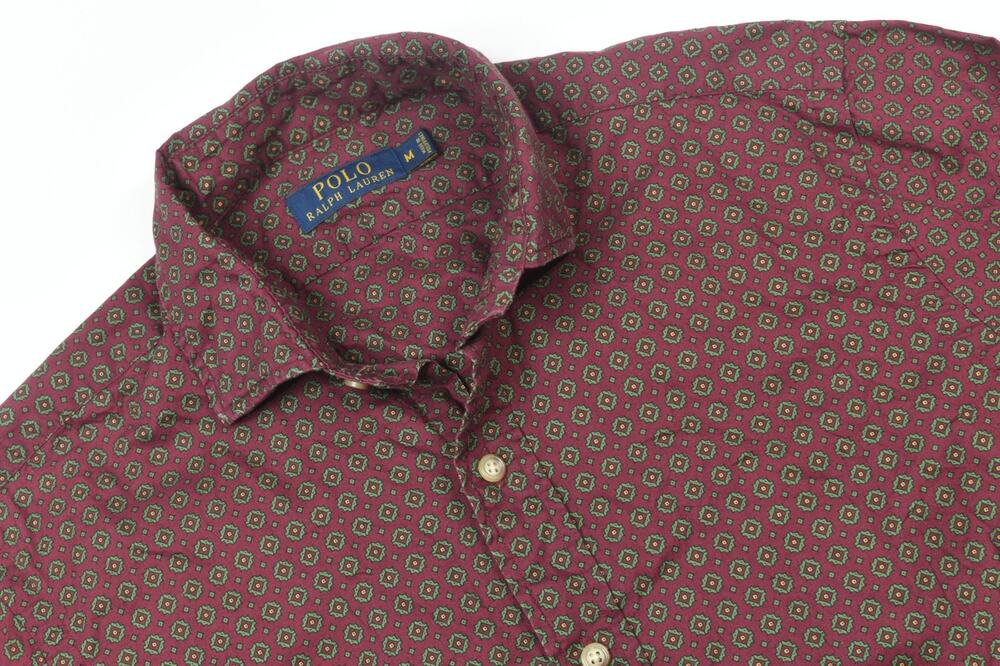 Polo Ralph Lauren Shirt Mens Medium Maroon Green Foulard Button-Up Cotton